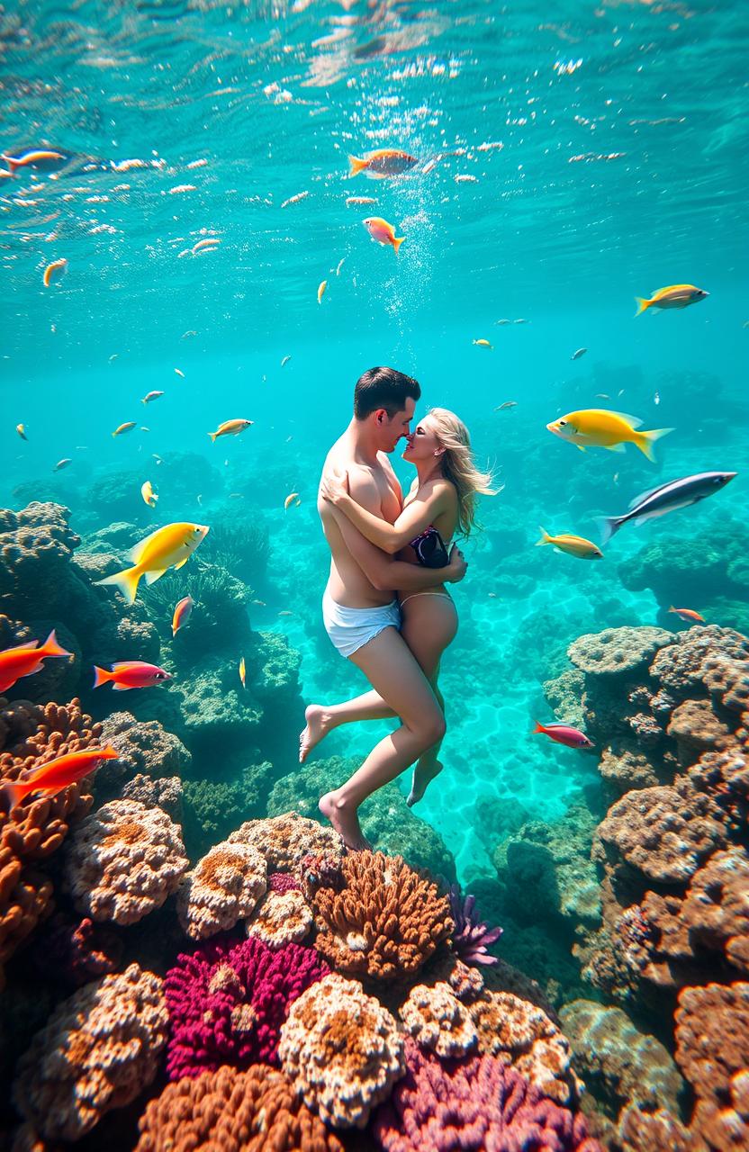 A romantic couple embracing on a vibrant coral reef, surrounded by colorful fish and marine life