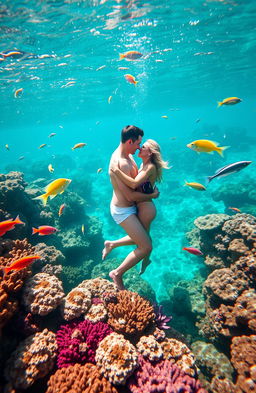 A romantic couple embracing on a vibrant coral reef, surrounded by colorful fish and marine life