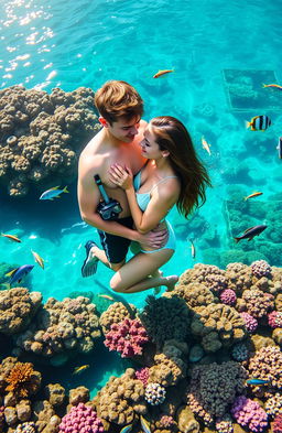 A romantic couple embracing on a vibrant coral reef, surrounded by colorful fish and marine life