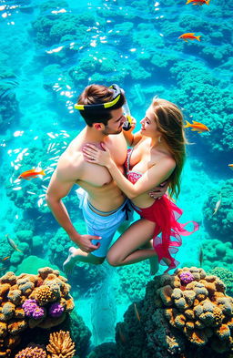 A romantic couple embracing on a vibrant coral reef, surrounded by colorful fish and marine life