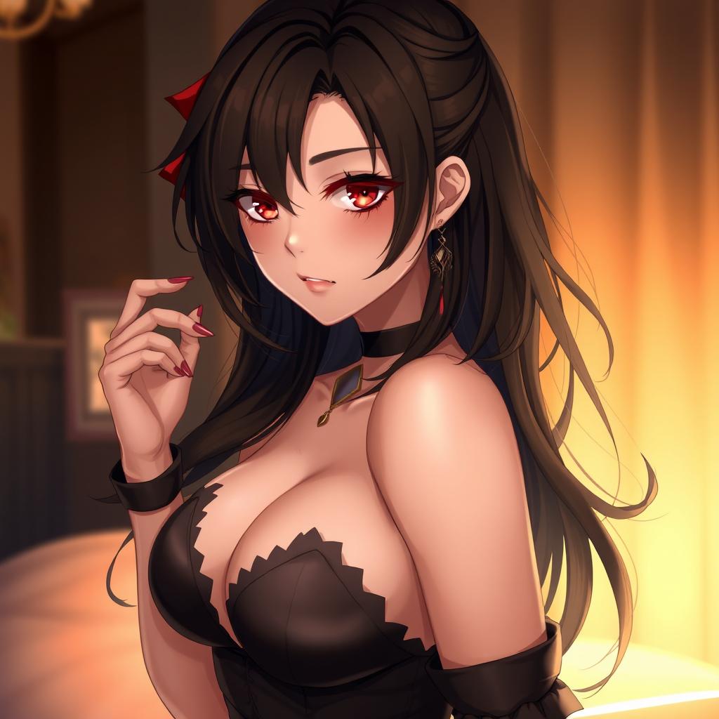 A sultry brunette waifu character with enchanting amber eyes, posing seductively to capture attention