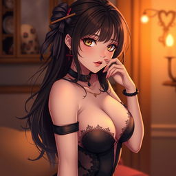 A sultry brunette waifu character with enchanting amber eyes, posing seductively to capture attention