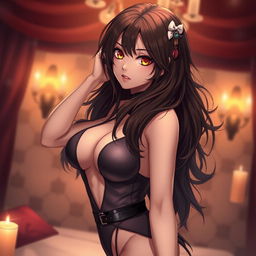 A sultry brunette waifu character with enchanting amber eyes, posing seductively to capture attention