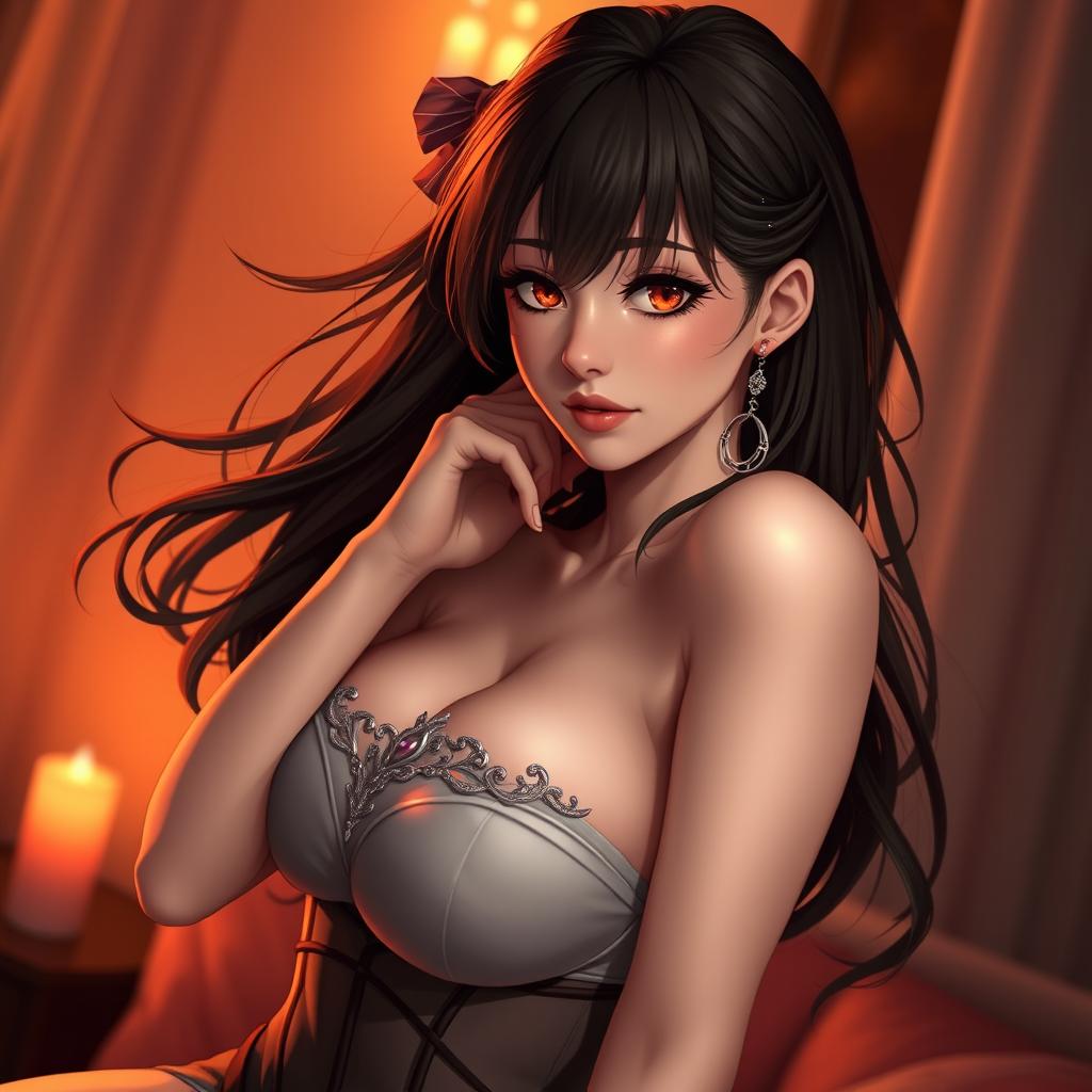 A sultry brunette waifu character with enchanting amber eyes, posing seductively to capture attention