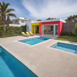 A very small beach house with a front pool and social area, characterized by a pop of vibrant color that injects life and personality into the cozy and inviting space.