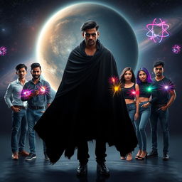 In a mesmerizing scene set within our solar system, a 27-year-old Indian man stands with an aura of multiversal dark magical powers