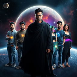 In a mesmerizing scene set within our solar system, a 27-year-old Indian man stands with an aura of multiversal dark magical powers