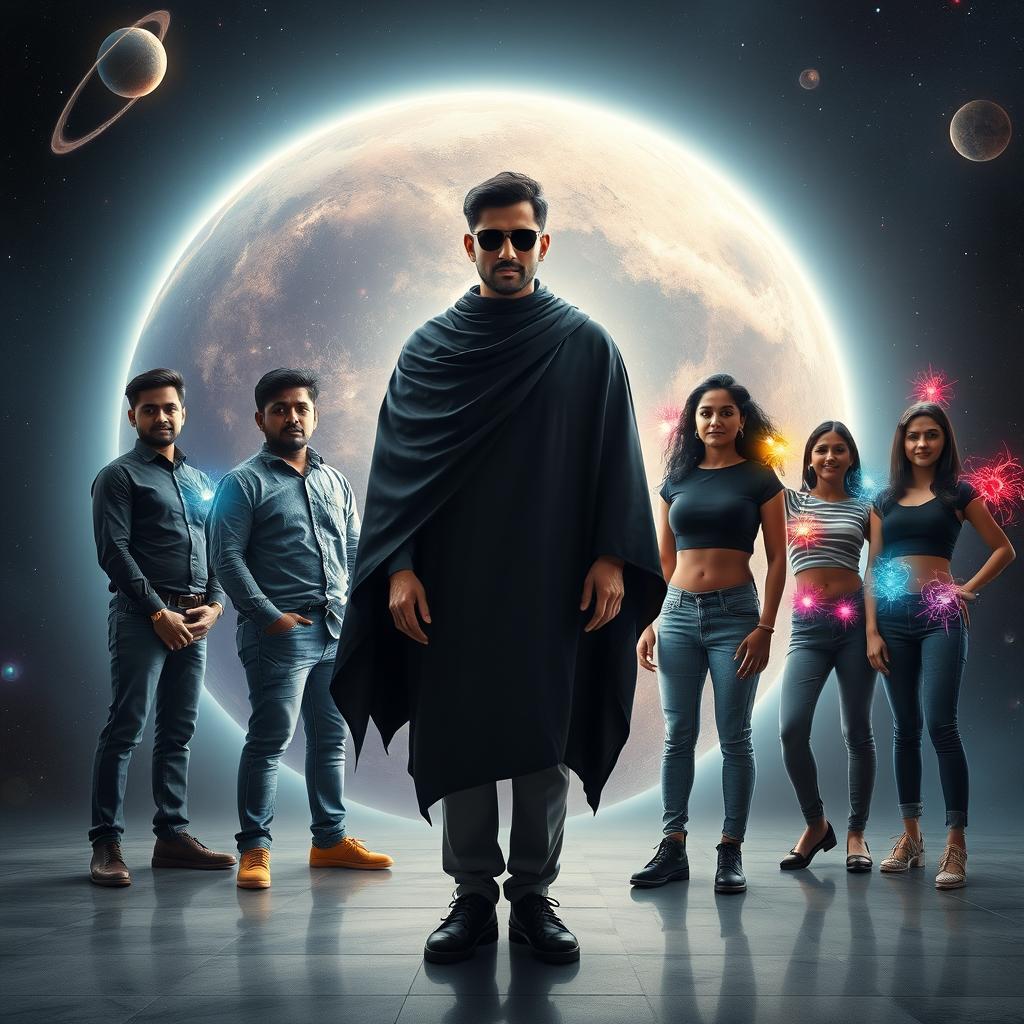 In a mesmerizing scene set within our solar system, a 27-year-old Indian man stands with an aura of multiversal dark magical powers