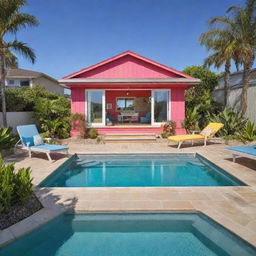 A very small beach house with a front pool and social area, characterized by a pop of vibrant color that injects life and personality into the cozy and inviting space.