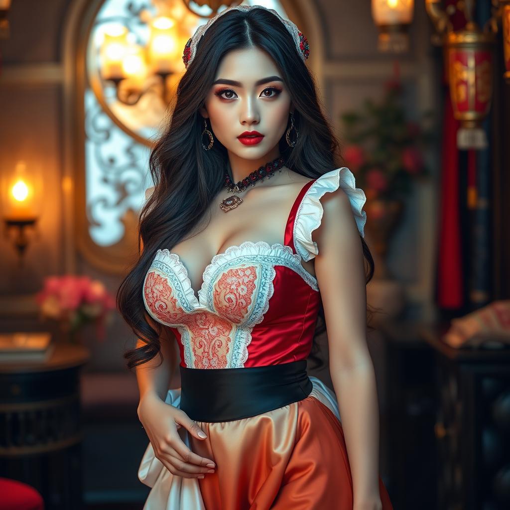 An alluring Eastern goddess dressed in a provocative maid costume featuring large H-cup breasts