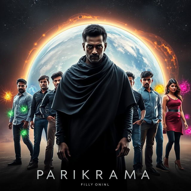 A cinematic film poster titled 'Parikrama', featuring a striking scene set within our solar system