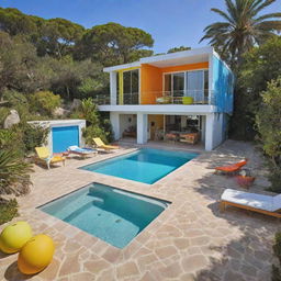 A very small beach house with a front pool and social area, characterized by a pop of vibrant color that injects life and personality into the cozy and inviting space.