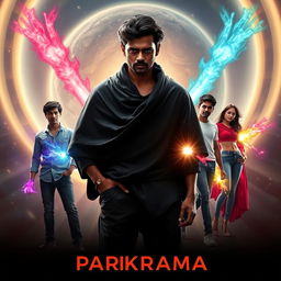 A cinematic film poster titled 'Parikrama', featuring a striking scene set within our solar system