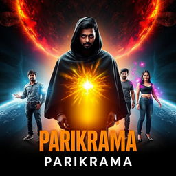 A cinematic film poster titled 'Parikrama', featuring a striking scene set within our solar system