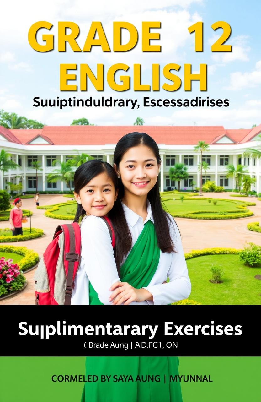 A book cover design for 'Grade 12 English Supplementary Exercises', compiled by Saya Aung [B