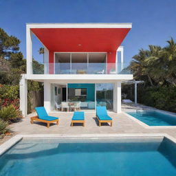 A very small beach house with a front pool and social area, characterized by a pop of vibrant color that injects life and personality into the cozy and inviting space.