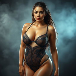 A stunning goddess figure wearing sexy, wet lingerie that clings to her curves, showcasing her voluptuous body featuring large breasts