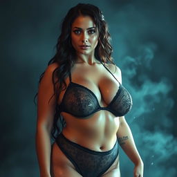 A stunning goddess figure wearing sexy, wet lingerie that clings to her curves, showcasing her voluptuous body featuring large breasts