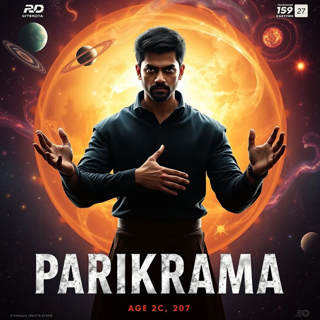 A cinematic film poster titled 'Parikrama', featuring an Indian man aged 27 standing prominently in our solar system