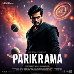 A cinematic film poster titled 'Parikrama', featuring an Indian man aged 27 standing prominently in our solar system