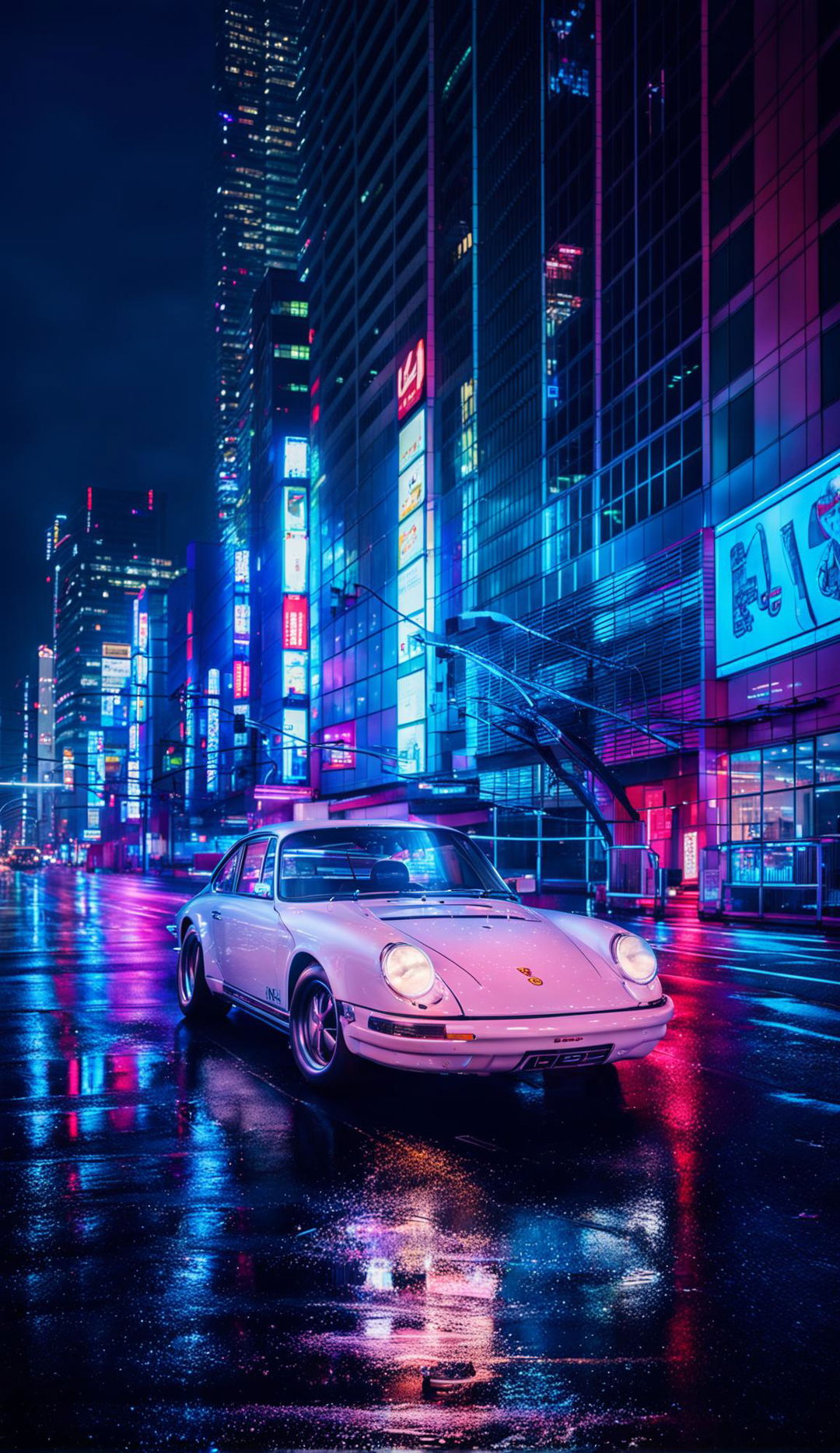 Editorial-style photograph of a light blue classic Porsche 911 driving through neon Tokyo in the rain.