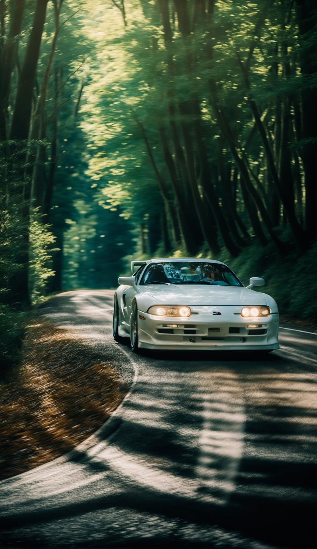 A white JZA80 Supra cruising through forest roads.