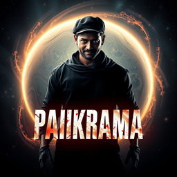 A cinematic film poster titled 'Parikrama', featuring a 27-year-old Indian man standing boldly in the vastness of our solar system