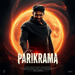 A cinematic film poster titled 'Parikrama', featuring a 27-year-old Indian man standing boldly in the vastness of our solar system