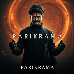 A cinematic film poster titled 'Parikrama', featuring a 27-year-old Indian man standing boldly in the vastness of our solar system