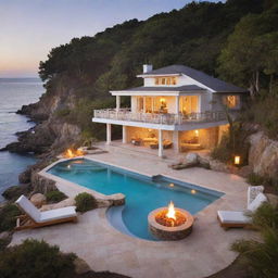 A very small beach house with a front pool, social area and a cozy fire pit in front, creating an intimate setting for relaxation and socializing amid the coastal backdrop.