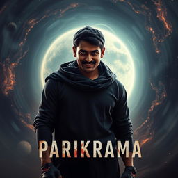 A cinematic film poster titled 'Parikrama', featuring a 27-year-old Indian man standing boldly in the vastness of our solar system