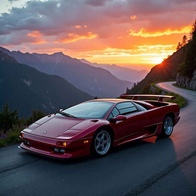 A stunning Lamborghini Diablo, parked on a scenic mountain road at sunset