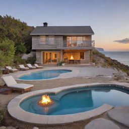 A very small beach house with a front pool, social area and a cozy fire pit in front, creating an intimate setting for relaxation and socializing amid the coastal backdrop.