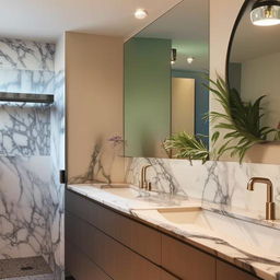 A modern bathroom redesign featuring sleek fixtures, marble countertops, and ambient lighting. Add a large mirror and plants for a refreshing touch.