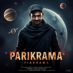 A cinematic film poster titled 'Parikrama', showcasing a 27-year-old Indian man standing confidently in the depths of our solar system