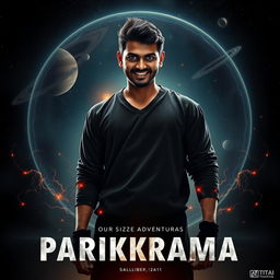 A cinematic film poster titled 'Parikrama', showcasing a 27-year-old Indian man standing confidently in the depths of our solar system