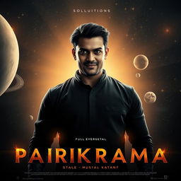 A cinematic film poster titled 'Parikrama', showcasing a 27-year-old Indian man standing confidently in the depths of our solar system