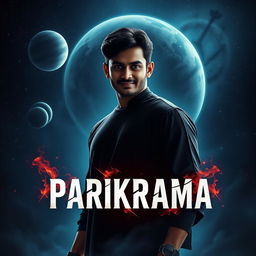 A cinematic film poster titled 'Parikrama', showcasing a 27-year-old Indian man standing confidently in the depths of our solar system