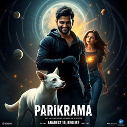 A cinematic film poster titled 'Parikrama', showcasing a 27-year-old Indian man radiating multiversal dark magical powers, standing assertively in the heart of our solar system