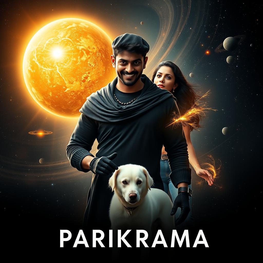 A cinematic film poster titled 'Parikrama', showcasing a 27-year-old Indian man radiating multiversal dark magical powers, standing assertively in the heart of our solar system