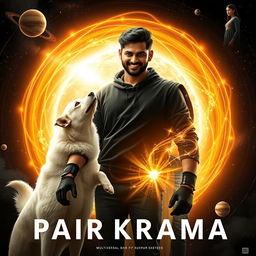 A cinematic film poster titled 'Parikrama', showcasing a 27-year-old Indian man radiating multiversal dark magical powers, standing assertively in the heart of our solar system