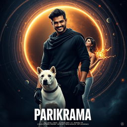 A cinematic film poster titled 'Parikrama', showcasing a 27-year-old Indian man radiating multiversal dark magical powers, standing assertively in the heart of our solar system