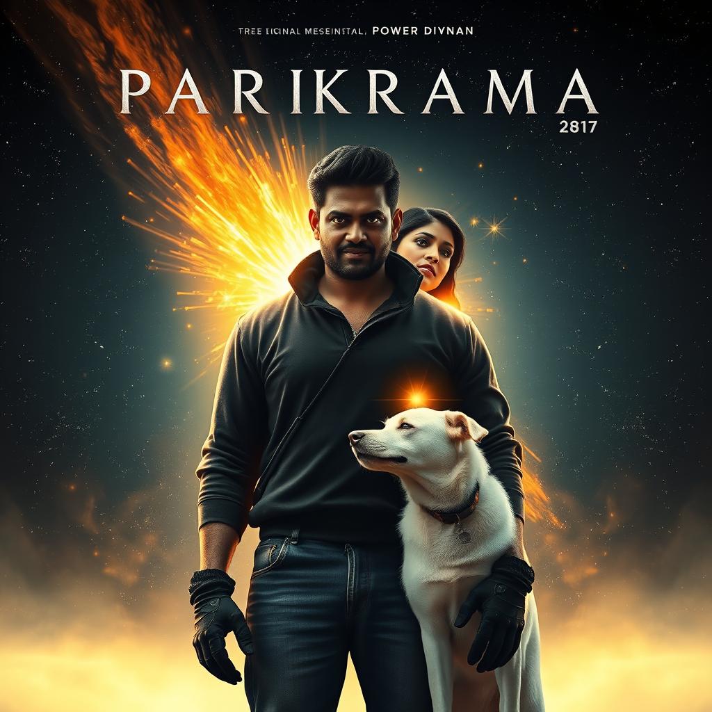 A dark emotional cinematic film poster titled 'Parikrama', depicting a 27-year-old Indian man standing powerfully within the expansive reaches of our solar system