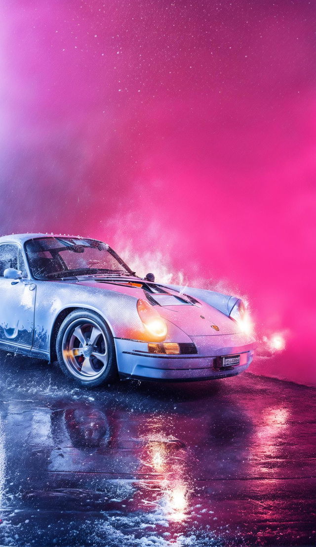 Light blue Porsche 911 driving through pouring rain against a pastel pink backdrop in an editorial car photograph.