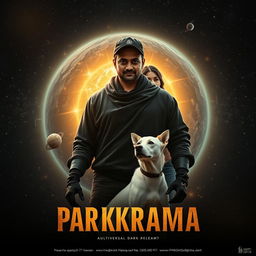 A dark emotional cinematic film poster titled 'Parikrama', depicting a 27-year-old Indian man standing powerfully within the expansive reaches of our solar system