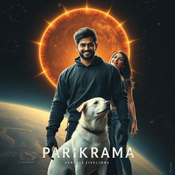 A dark emotional cinematic film poster titled 'Parikrama', depicting a 27-year-old Indian man standing powerfully within the expansive reaches of our solar system