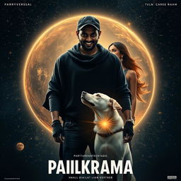 A dark emotional cinematic film poster titled 'Parikrama', depicting a 27-year-old Indian man standing powerfully within the expansive reaches of our solar system