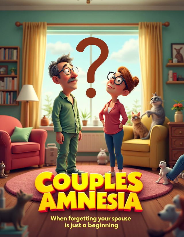 A whimsical film poster for a quirky comedy titled 'Couples amnesia'