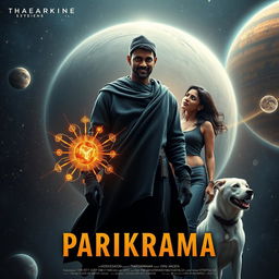 A cinematic film poster titled 'Parikrama', featuring a 27-year-old Indian man standing powerfully in the vastness of our solar system