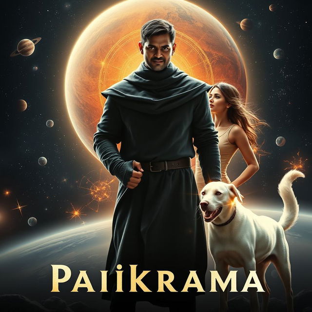 A cinematic film poster titled 'Parikrama', featuring a 27-year-old Indian man standing powerfully in the vastness of our solar system